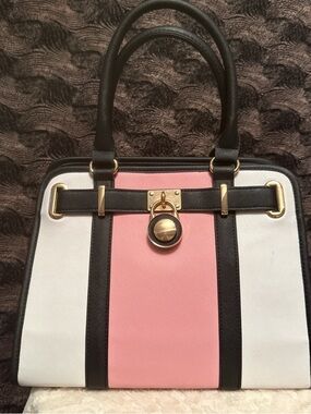 Women’s Pink and White Structured Satchel Bag with Black Trim